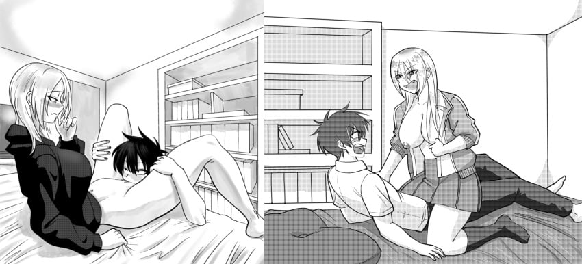 black_and_white blush cunnilingus delinquent eye_contact giving_head gutsbro14 gyaru kaette_kudasai!_akutsu-san monochrome ooyama_kouta please_go_home_akutsu-san pussy_licking riko_akutsu straight teasing through_clothes