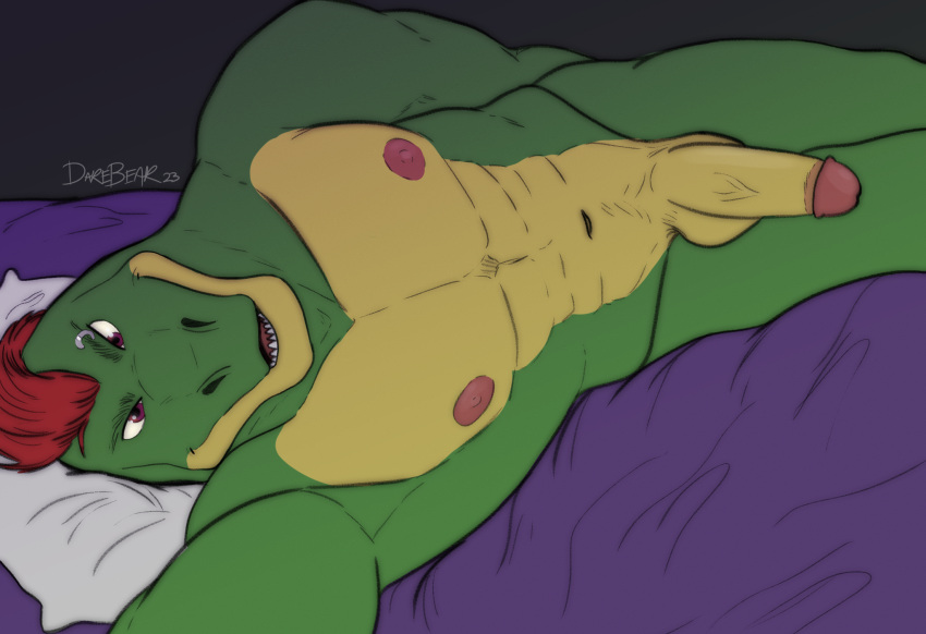 1boy 2023 abs alligatorid anthro artist_name balls ballsack bed bed_sheet bedding boner circumcised circumcision_scar crocodilian darebearart digital_media_(artwork) erection eyebrow_piercing facial_piercing five_nights_at_freddy's five_nights_at_freddy's:_security_breach furniture genital_scar genitals glans green_skin hi_res humanoid_genitalia humanoid_penis lying lying_on_bed male male_nipples male_only mohawk_(hairstyle) montgomery_gator_(fnaf) muscles muscular_male nude on_bed on_side pecs penis piercing pillow pink_glans pink_nipples purple_sheets red_eyes red_hair reptile scalie scar scottgames scrotum selfie sharp_teeth solo steel_wool_studios teeth testicles veiny_penis white_pillow yellow_countershading