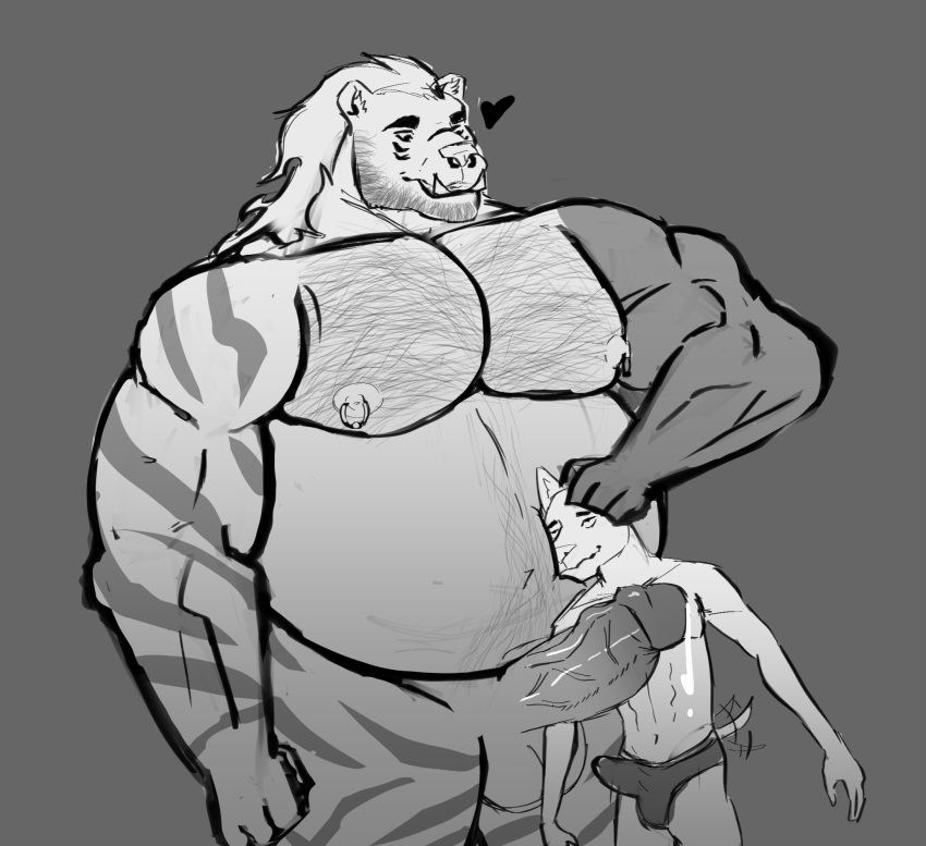 barazoku belly belly_hair bodily_fluids body_hair bulge clothing dominant felid genital_fluids girly hairy hairy_pecs hi_res leaking_precum mammal musclegut muscular overweight pantherine pecs precum shoving size_difference skinny slightly_chubby tail tail_motion tailwag tiger underwear