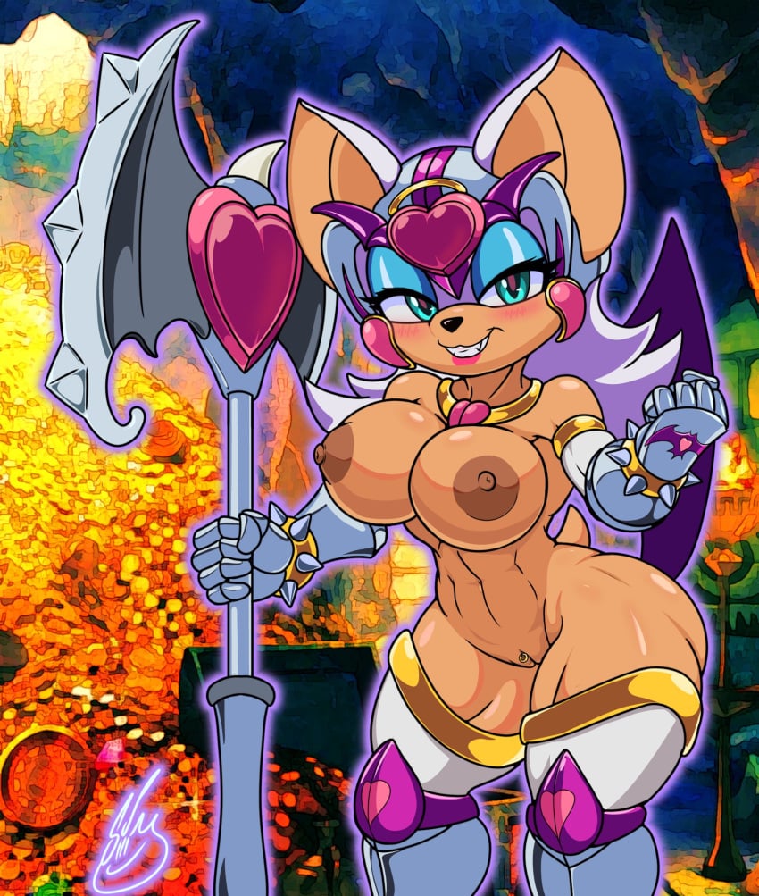 2023 anthro areola armor bare_shoulders barely_sly bat breasts clothing eyeshadow female fur genitals gloves handwear headgear helmet hi_res legwear lipstick makeup mammal mostly_nude narrowed_eyes nipples pussy rouge_the_bat sega signature smile solo sonic_(series) sonic_the_hedgehog_(series) tan_body tan_skin weapon white_body white_fur