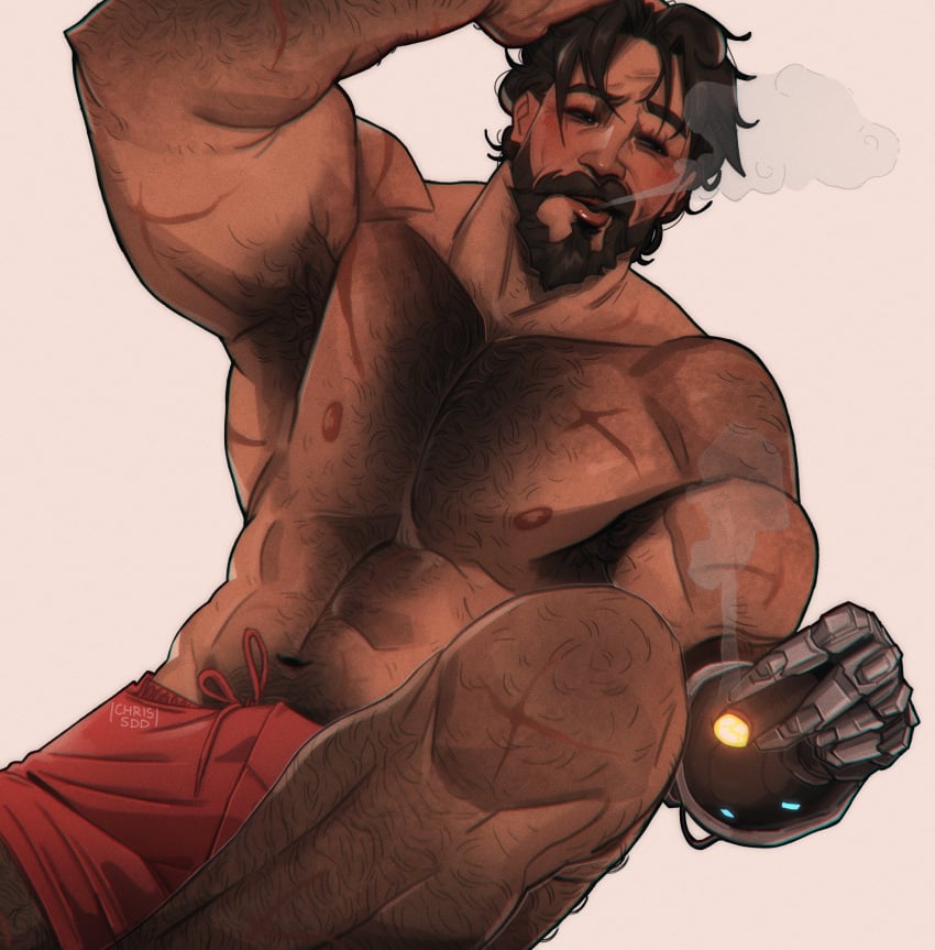 1boy 2022 abs activision bara barazoku beard biceps blush brown_hair bulge chris_sdd clothing cole_cassidy facial_hair gay hairy hairy_arms hairy_chest hi_res highres male male_focus male_only male_pubic_hair manly muscles muscular muscular_arms muscular_male nipples overwatch overwatch_2 solo solo_male