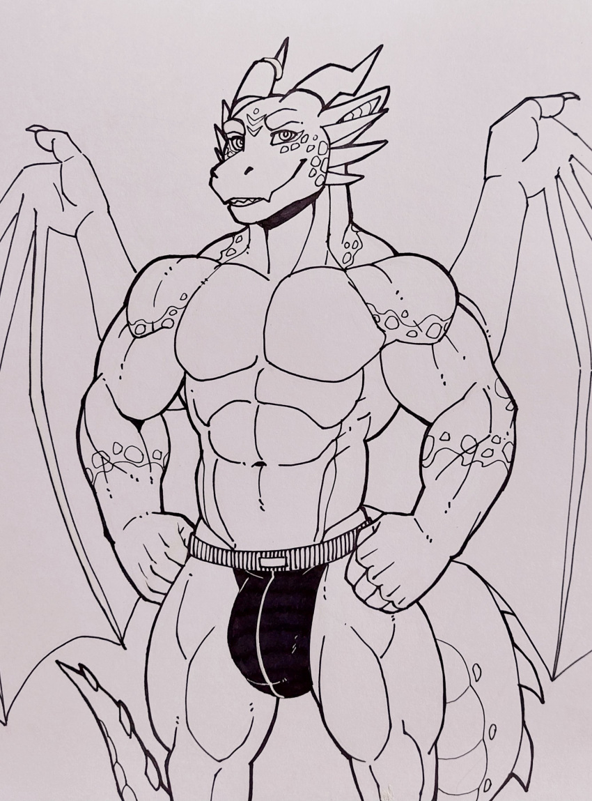 absurd_res anthro bulge clothed clothing dragon genital_outline hi_res horn jockstrap looking_at_viewer male membrane_(anatomy) membranous_wings muscular nameless00 penis_outline scalie solo topless underwear western_dragon wings