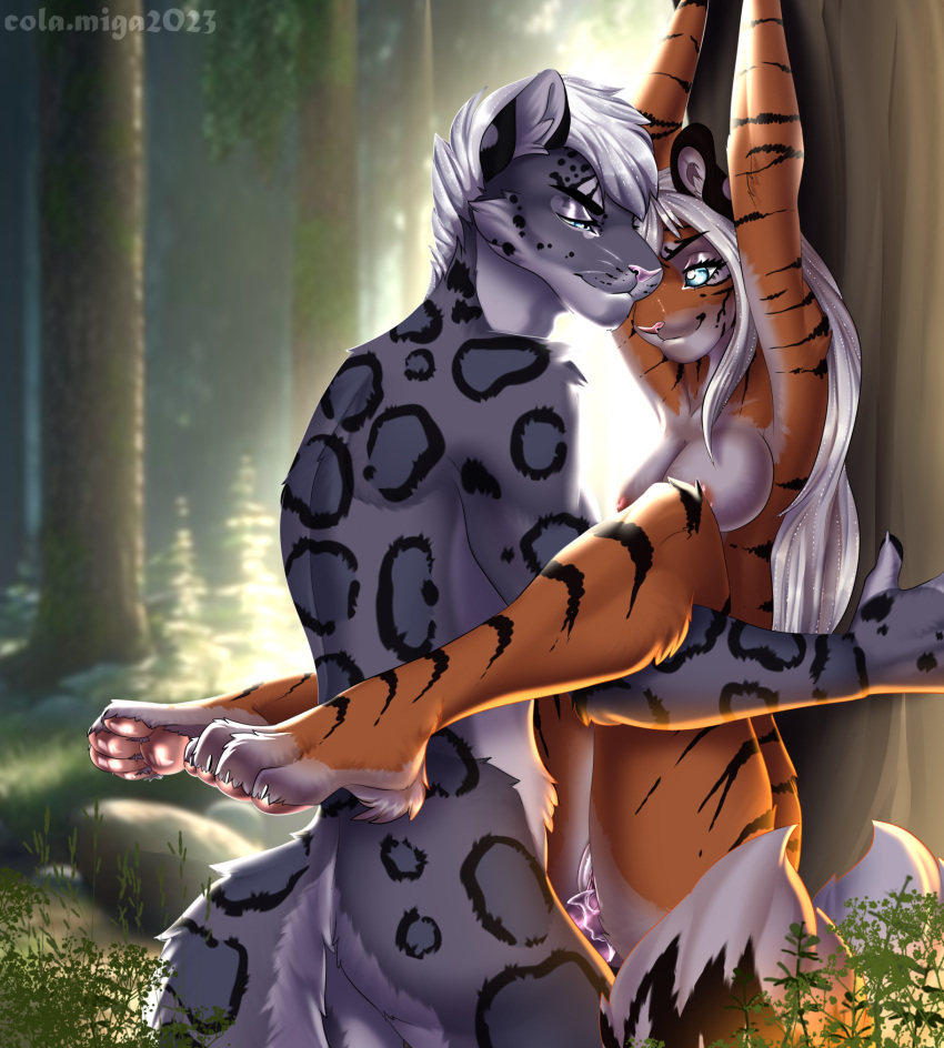 anthro arms_above_head blue_eyes bodily_fluids claws claws_out clitoris cola.miga cum cum_in_pussy cum_inside duo ejaculation felid female forest forest_background fur fur_markings genital_fluids genitals grass grey_body grey_fur hair hi_res legs_up lightning_snow_leopard long_hair long_tail male male/female mammal markings multicolored_body multicolored_fur nature nature_background nipples nude orange_body orange_fur pantherine pawpads paws penetration penis pink_nipples pink_nose pink_pawpads pink_penis pink_pussy plant pussy raised_arms sex snow_leopard spread_legs spreading striped_body striped_fur stripes sukena tail tiger tree two_tone_body two_tone_fur vaginal_penetration vaginal_penetration white_body white_fur white_hair white_pussy