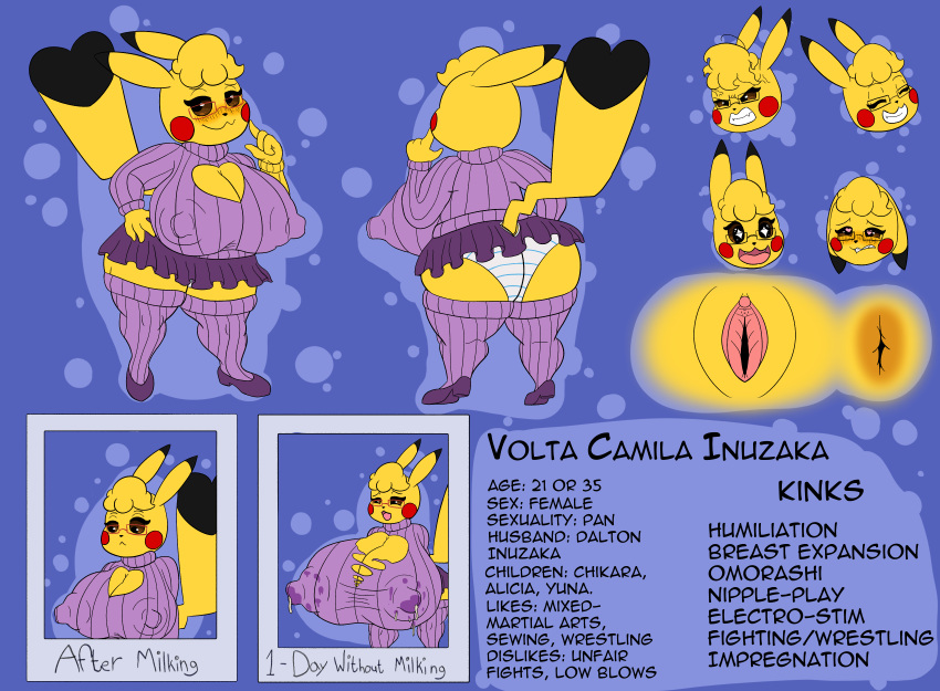 1girls absurd_res angry anthro anus ass big_breasts big_butt bite biting_lip blush blushing_profusely bodily_fluids bottomwear breast_expansion breasts clitoris clothing cosplay_pikachu cosplay_pikachu_(character) cosplay_pikachu_(costume) cross-popping_vein curled_hair english_text excited expansion female female_only gaping gaping_pussy generation_1_pokemon genitals hair hi_res horny_face huge_breasts huge_butt information information_box lactating lactation lactation_through_clothes long_nipples married mature_female model_sheet montgomery_glands mother_(lore) nervous nervous_smile nintendo nipples ori-doggo panties parent_(lore) pattern_clothing pattern_underwear pikachu pikachu_libre plump_labia pokemon pokemon_(species) polaroid_photo poofy_hair puffy_nipples pussy red_cheeks skirt smile solo striped_clothing striped_underwear stripes sweater text thick_thighs topwear torn_clothing underwear volta_(ori-doggo)