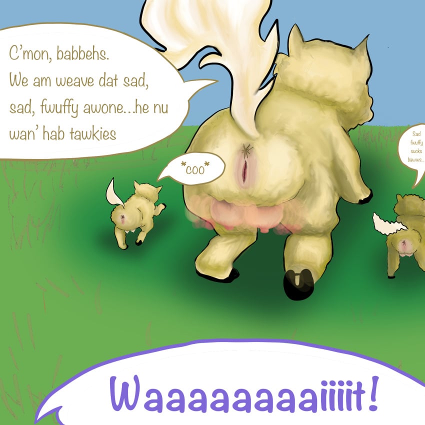 1:1 anus baby_talk crotchboob cuddlybloodily dialogue english_text female feral fluffy_pony fluffy_pony_(species) fur genitals grass group hi_res mammal offscreen_character plant pussy shadow text trio yellow_body yellow_fur