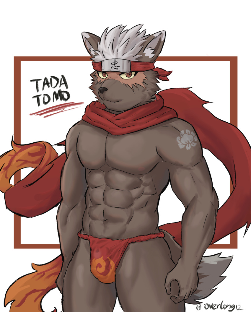 abs accessory asian_clothing brown_body brown_fur bulge burn_scar canid canine canis clothed clothing detailed_bulge domestic_dog east_asian_clothing fundoshi fur hair headband hi_res japanese_clothing lifewonders looking_at_viewer male mammal muscular muscular_male over_long red_eyes scar scarf solo tadatomo tokyo_afterschool_summoners topless underwear white_body white_fur white_hair yellow_sclera