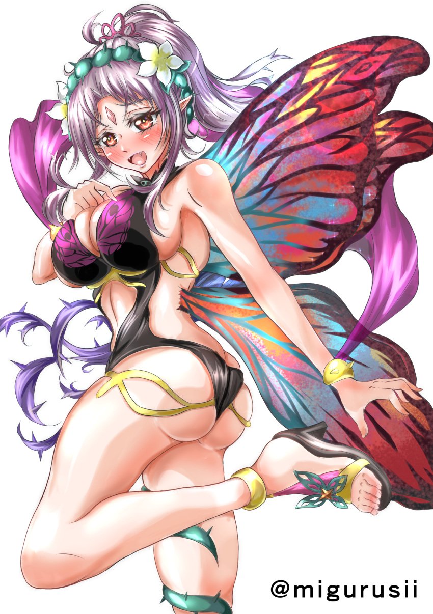 1girls alternate_costume armpits ass back backless_outfit bare_back bare_legs bare_midriff big_ass black_one-piece_swimsuit black_swimsuit breasts butt_crack cleavage fairy fairy_wings female female_only fire_emblem fire_emblem_heroes from_below grey_hair high_heels large_breasts leg_up legs long_hair looking_at_viewer looking_down midriff multicolored_hair nintendo official_alternate_costume one-piece_swimsuit open_mouth plumeria_(fire_emblem) pointy_ears ponytail red_eyes sandals sideboob smile solo swimsuit veil very_long_hair violet_migu18 white_background wings