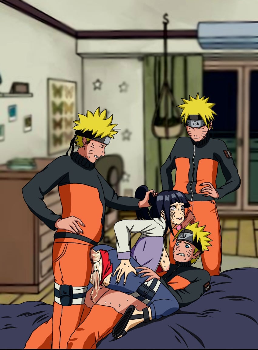 clothed clothing gangbang hyuuga_hinata kage_bunshin naruto naruto_shippuden ninja sandals uzumaki_naruto