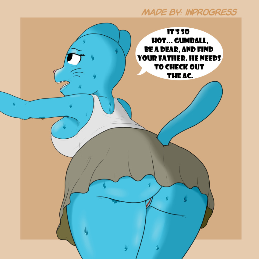 1:1 absurd_res anthro ass bodily_fluids cartoon_network dialogue domestic_cat english_text felid feline felis female genitals hi_res inprogress mammal mature_female mother_(lore) nicole_watterson parent_(lore) pussy rear_view solo sweat sweatdrop text the_amazing_world_of_gumball