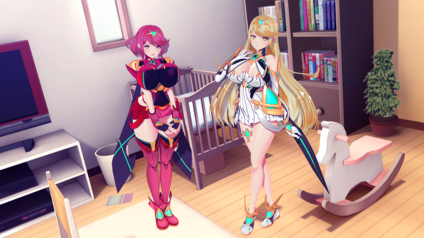 2girls 3d big_breasts blonde_hair breasts bursting_breasts cleavage gigantic_breasts hips huge_breasts huge_hips huge_thighs impossible_clothes impossible_clothing impossible_shirt indoors l_(3d_artist) large_breasts looking_at_viewer mythra pyra red_hair thick_thighs thighs tight tight_clothes tight_clothing wide_hips xenoblade_(series) xenoblade_chronicles_2