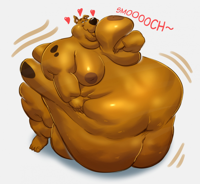 2023 anthro anthro_only balls belly belly_grab big_balls big_belly big_moobs black_nose bodily_fluids brown_body brown_fur canid canine canis domestic_dog double_chin fur genitals great_dane half-closed_eyes hanna-barbera heart hi_res holding_belly holding_moob hyper hyper_belly immobile jiggling kissing lotolotl male male_only mammal mastiff molosser moob_grab moobs morbidly_obese morbidly_obese_anthro morbidly_obese_male motion_lines narrowed_eyes navel nipples nude obese obese_anthro obese_male overweight overweight_anthro overweight_male scooby-doo scooby-doo_(character) scooby-doo_(series) smile smoosh_(sound_effect) smothering solo sound_effects spots spotted_body spotted_fur standing sweat text