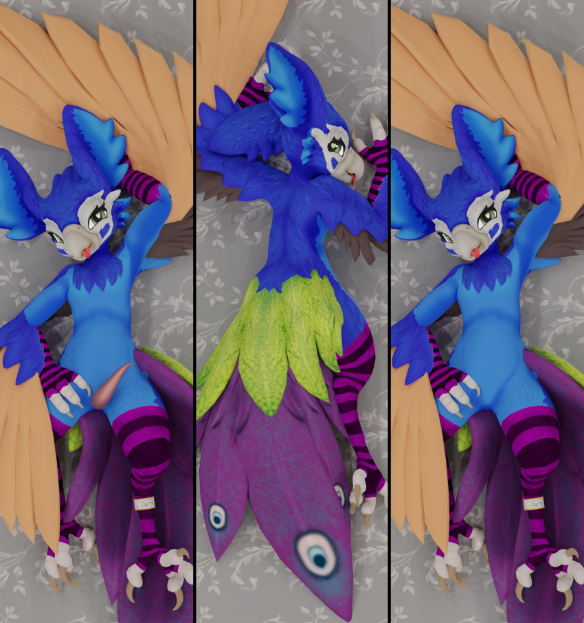 15:16 3_fingers 3d_(artwork) 4_toes anklet anthro arm_warmers armwear avian avian_feet avian_penis beak beanthusiast biped bird blender_(software) blender_cycles blep blue_body blue_feathers chest_tuft chipori claws clothing dakimakura_design digital_media_(artwork) digitigrade english_text erection feathered_arms feathered_wings feathers featureless_crotch feet fingers floral_pattern galliform genitals green_body green_eyes green_feathers hand_behind_head hand_on_hip hi_res humanoid jewelry legwear looking_at_viewer looking_back looking_back_at_viewer male multi_eye multiple_images narrowed_eyes nude orange_body orange_feathers paws peacock_feather peafowl penis phasianid presenting presenting_penis purple_body purple_feathers rear_view sasithya seductive simple_background smile spread_toes stockings tail talons tapering_penis text toe_curl toes tongue tongue_out tuft winged_arms wings