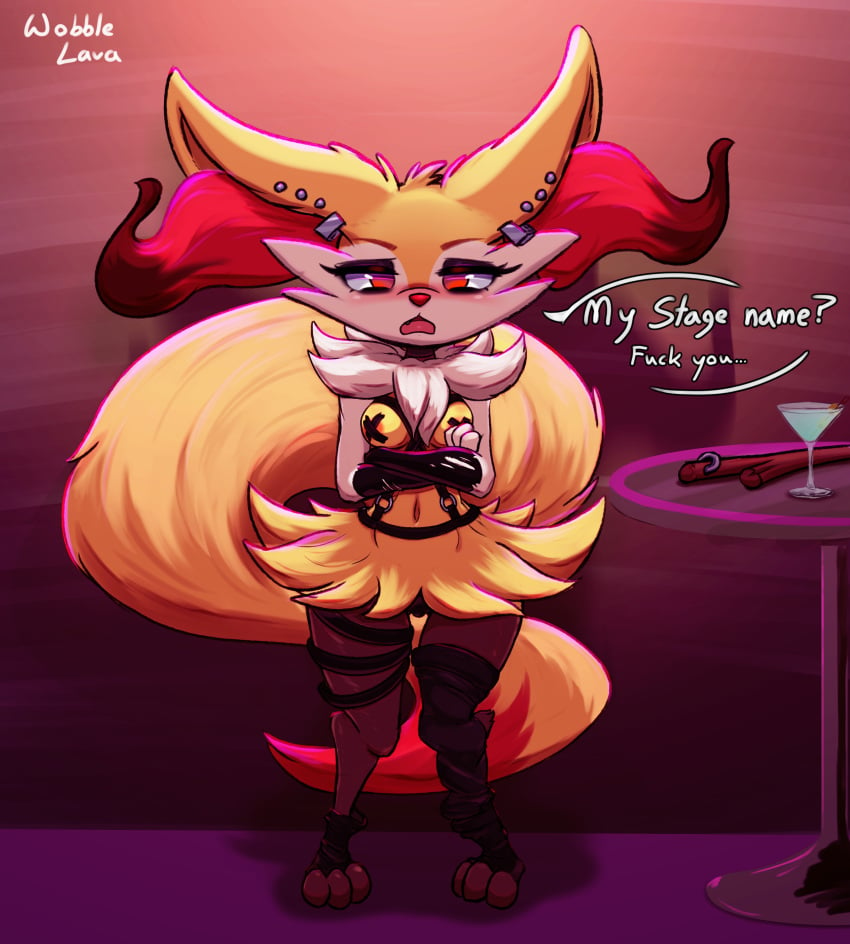 absurd_res animal_genitalia animal_pussy annoyed anthro areola big_tail braixen breasts canid canine_genitalia canine_pussy clothed clothing cocktail_glass container crossed_arms cup dialogue drinking_glass ear_piercing female fluffy fluffy_tail front_view fur garter_straps generation_6_pokemon genitals glass glass_container glass_cup gloves handwear hi_res inner_ear_fluff latex_gloves mammal medium_breasts mostly_nude navel neck_tuft nintendo open_mouth pasties piercing pokemon pokemon_(species) pussy red_nose short_stack skimpy solo speech_bubble standing stripper tail tuft wobblelava yellow_body yellow_fur