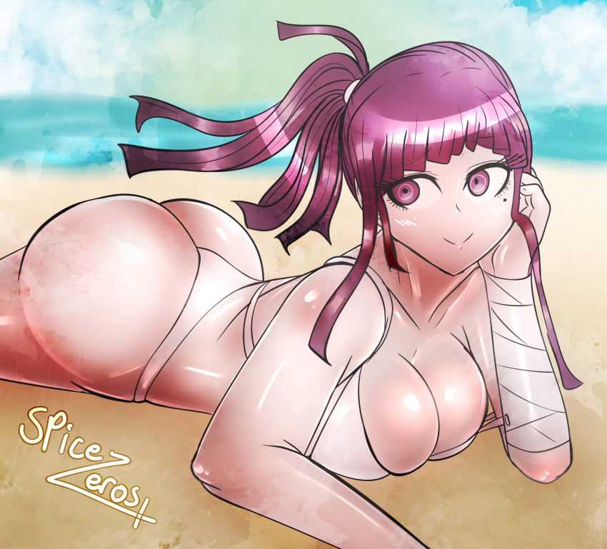 ass beach bikini breasts danganronpa danganronpa_2:_goodbye_despair female_only large_ass large_breasts ocean on_stomach spicezeros straight_hair super_danganronpa_2 the_pose thick_ass tsumiki_mikan