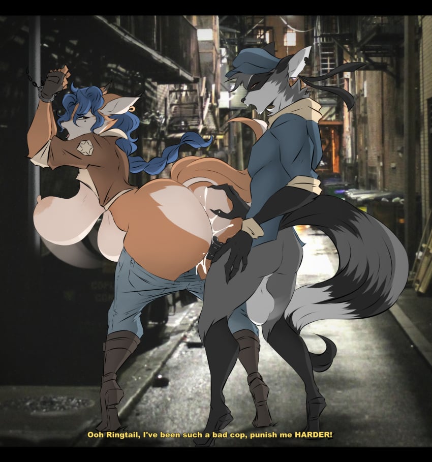 absurd_res alley anthro anthro_on_anthro anthro_penetrated anthro_penetrating anthro_penetrating_anthro ass balls bedroom_eyes big_balls big_breasts black_bars blue_hair bodily_fluids boots bottomless bottomless_anthro bottomless_male bottomwear bottomwear_down braided_hair breasts canid canine carmelita_fox clothed clothing cuff_(restraint) cum cum_in_pussy cum_inside cumshot denim denim_clothing dialogue doggy_style dullvivid duo ear_piercing ear_ring ejaculation english_text erection female female_penetrated fingerless_gloves footwear fox from_behind_position fur genital_fluids genitals gloves grey_body grey_fur hair half-closed_eyes handcuffed handcuffs handwear hi_res huge_balls huge_breasts humanoid_genitalia humanoid_penis jeans letterbox looking_pleasured male male/female male_penetrating male_penetrating_female mammal markings mask metal_cuffs multicolored_body multicolored_fur narrowed_eyes open_clothing open_mouth open_shirt open_topwear orange_body orange_fur orgasm outside_sex pants pants_around_thighs pants_down partially_clothed penetration penis piercing procyonid public public_sex raccoon restraints ring_(marking) ring_piercing ringtail sagging_breasts seductive sex shirt sly_cooper sly_cooper_(series) sony_corporation sony_interactive_entertainment standing standing_doggystyle standing_sex sucker_punch_productions tail tail_markings tan_body tan_fur text thick_thighs topwear two_tone_body two_tone_fur vaginal_penetration vaginal_penetration wide_hips