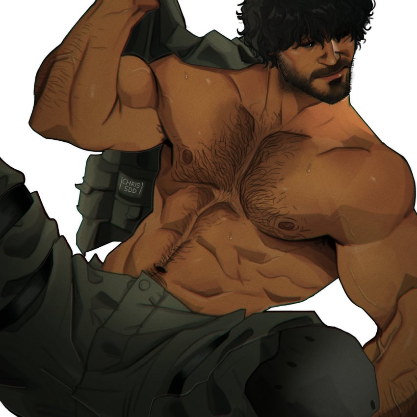 1boy 2022 abs armpit_hair bara barazoku beard biceps blush capcom carlos_oliveira chris_sdd clothing facial_hair gay hairy hairy_arms hairy_chest hi_res highres male male_focus male_only male_pubic_hair manly muscles muscular muscular_arms muscular_male nipples resident_evil resident_evil_3 resident_evil_3_remake solo solo_male sweat taking_clothes_off