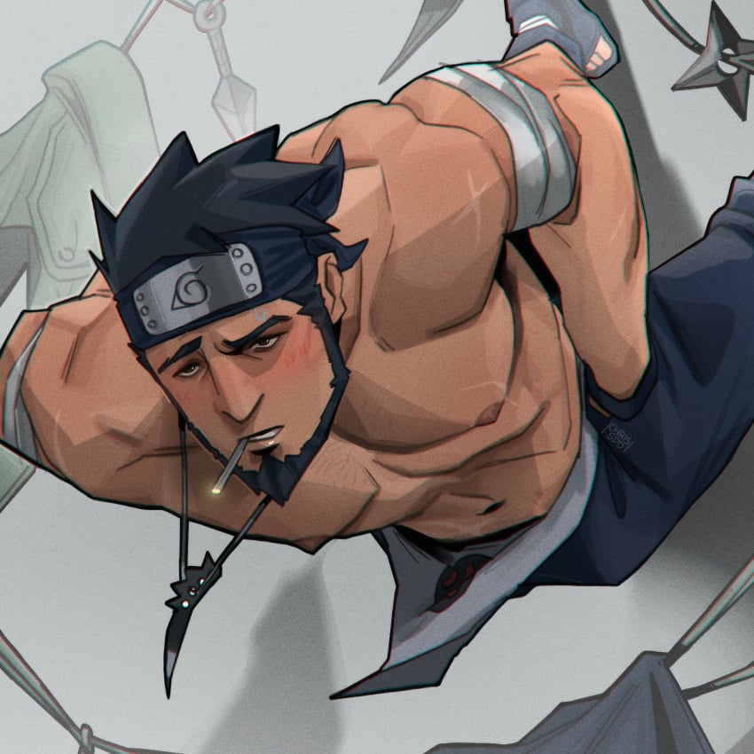 1boy 2022 abs bara barazoku beard biceps blush chris_sdd clothing facial_hair gay hairy hi_res highres male male_focus male_only manly muscles muscular muscular_arms muscular_male naruto naruto_(series) nipples sarutobi_asuma scars_all_over solo solo_male