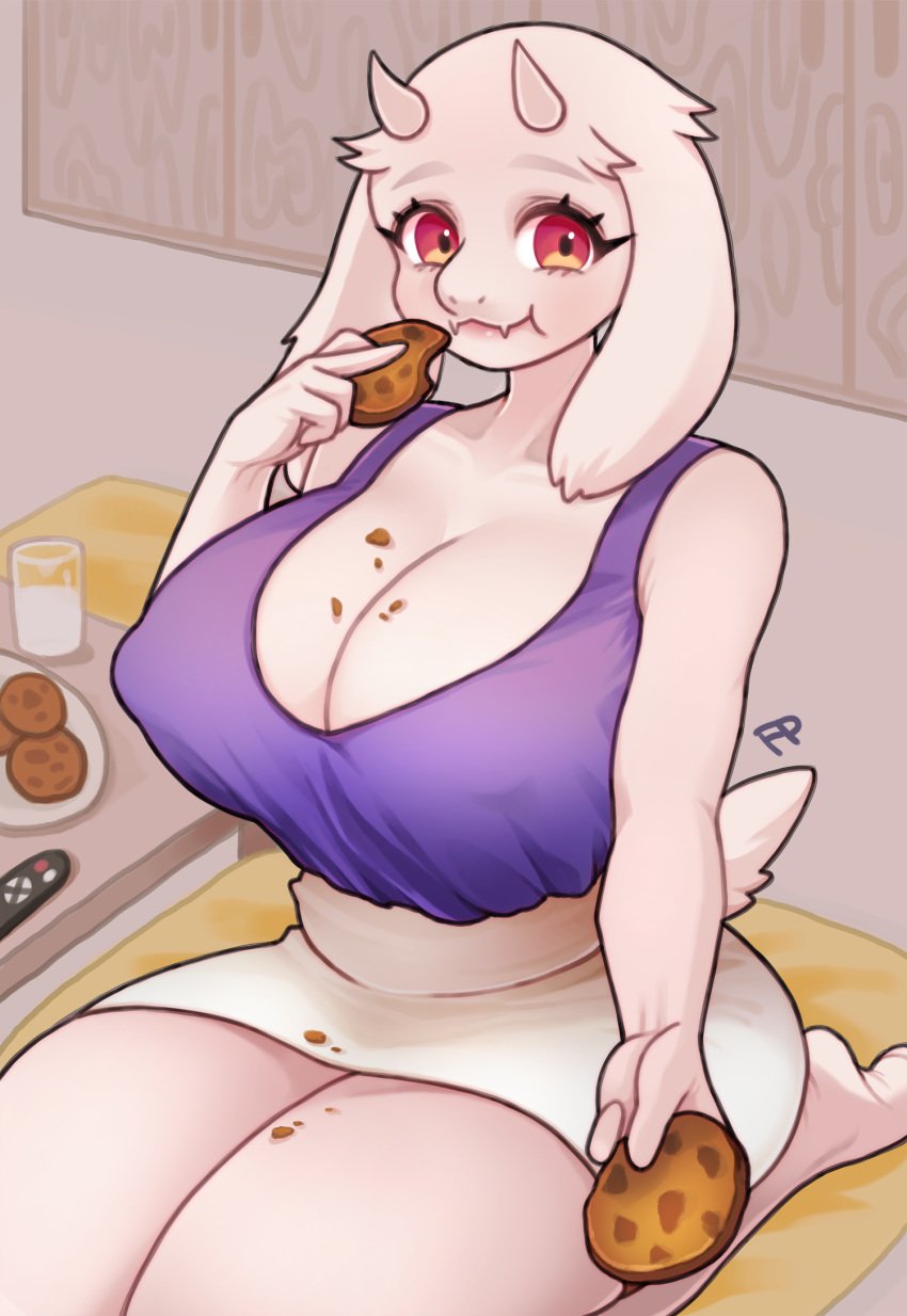 anthro big_breasts bovid breasts caprine cleavage clothed clothing cookie crumbs eating erect_nipples female food fullpillow goat hair hi_res horn looking_at_viewer mammal nipples red_eyes solo toriel undertale undertale_(series) white_hair