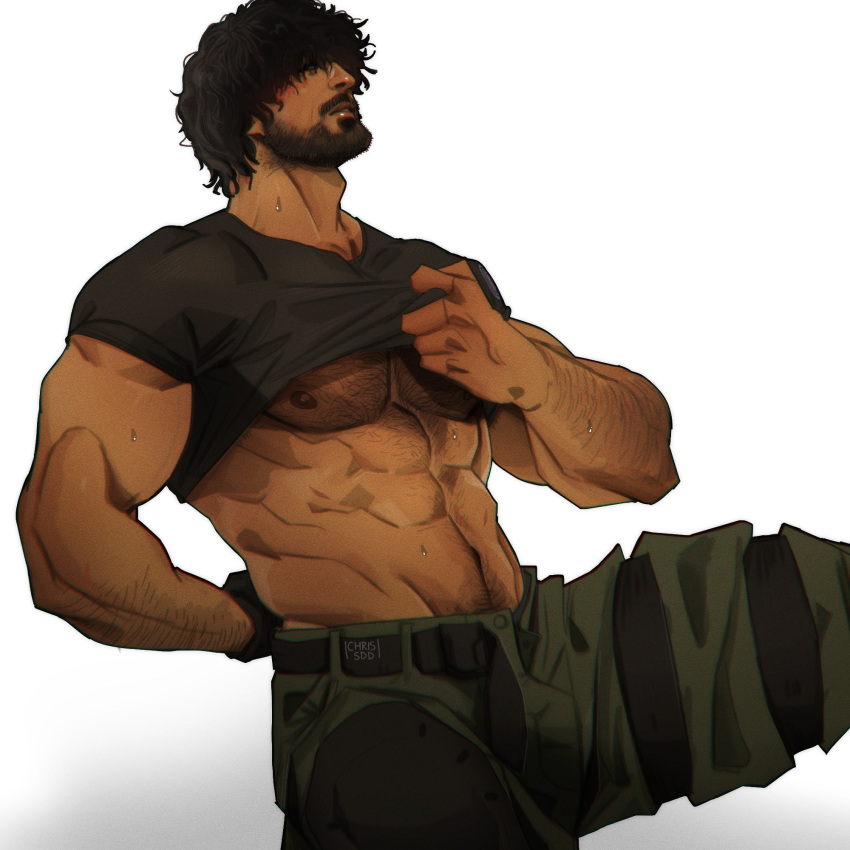 1boy 2022 abs bara barazoku beard biceps blush capcom carlos_oliveira chris_sdd clothing facial_hair gay hairy hairy_arms hairy_chest hi_res highres male male_focus male_only male_pubic_hair manly muscles muscular muscular_arms muscular_male nipples resident_evil resident_evil_3 resident_evil_3_remake solo solo_male sweat taking_clothes_off