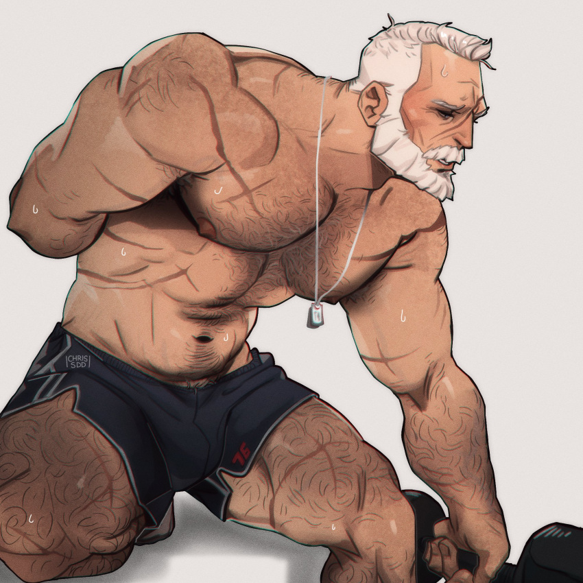 1boy 2022 abs activision bara barazoku beard biceps big_bulge blush bulge chris_sdd clothing daddy facial_hair gay hairy hairy_arms hairy_chest hi_res highres huge_bulge jack_morrison male male_focus male_only male_pubic_hair manly muscles muscular muscular_arms muscular_legs muscular_male muscular_thighs nipples overwatch overwatch_2 soldier_76 solo solo_male sweat white_beard white_hair