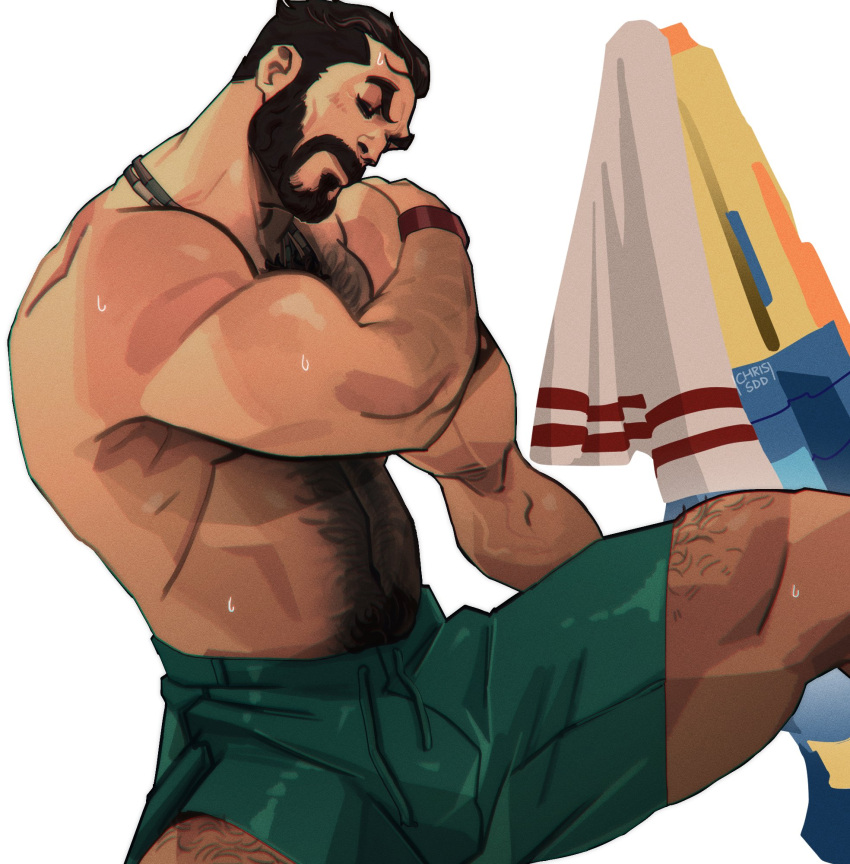 1boy 2022 abs bara barazoku beard biceps blush chris_sdd clothing daddy facial_hair gay graves_(league_of_legends) hairy hairy_arms hairy_chest hi_res highres league_of_legends male male_focus male_only male_pubic_hair manly muscles muscular muscular_arms muscular_male nipples pool_party_graves pool_party_series riot_games solo solo_male