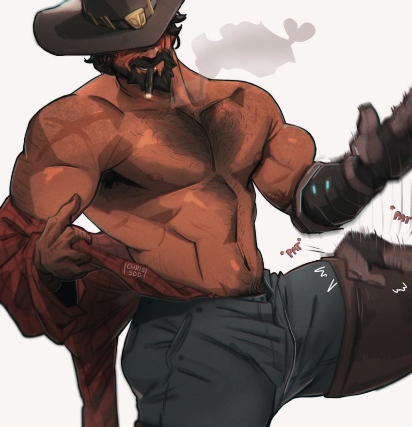 1boy 2022 abs activision armpit_hair bara barazoku beard biceps blush brown_hair chris_sdd clothing cole_cassidy cowboy_hat facial_hair gay hairy hairy_arms hairy_chest hi_res highres male male_focus male_only male_pubic_hair manly muscles muscular muscular_arms muscular_male nipples overwatch overwatch_2 scars_all_over solo solo_male taking_clothes_off