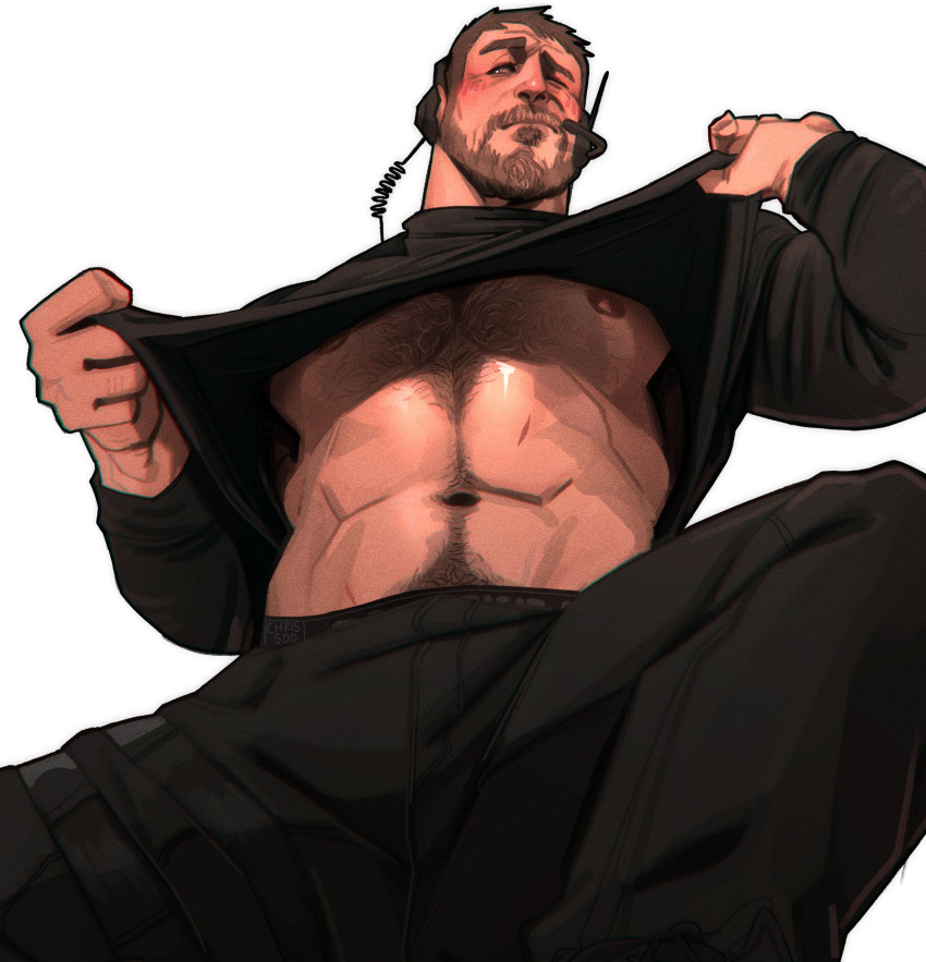 1boy 2022 abs bara barazoku beard biceps blush brown_hair capcom chris_redfield chris_sdd clothing facial_hair gay hairy hairy_arms hairy_chest hi_res highres male male_focus male_only male_pubic_hair manly muscles muscular muscular_arms muscular_male nipples resident_evil resident_evil_8:_village solo solo_male taking_clothes_off