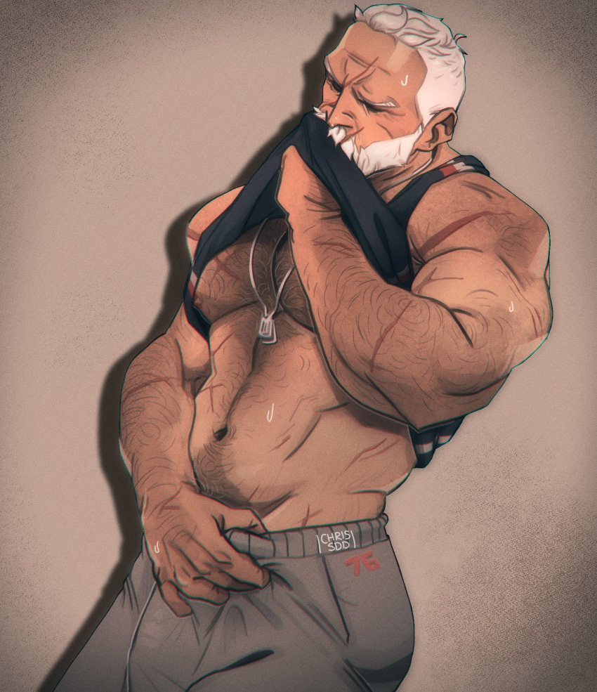 1boy 2022 abs activision bara barazoku beard biceps blush bulge chris_sdd clothing daddy facial_hair gay hairy hairy_arms hairy_chest hi_res highres jack_morrison male male_focus male_only male_pubic_hair manly muscles muscular muscular_arms muscular_male nipples overwatch overwatch_2 scars_all_over soldier_76 solo solo_male white_beard white_hair