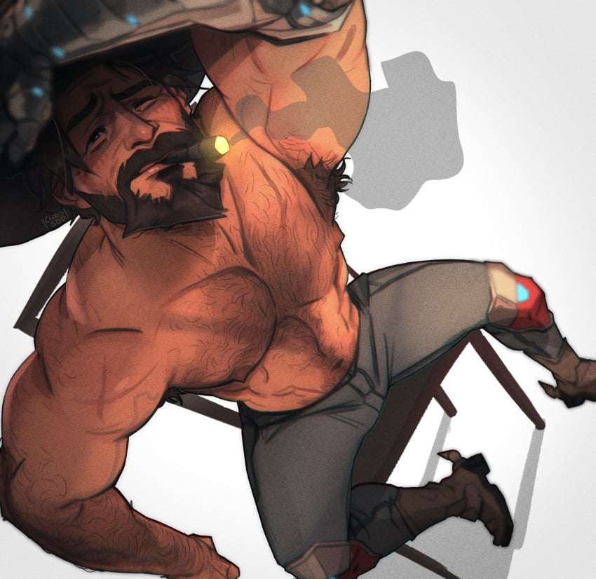 1boy 2022 abs activision armpit_hair bara barazoku beard biceps blush brown_hair chris_sdd clothing cole_cassidy cowboy_hat facial_hair gay hairy hairy_arms hairy_chest hi_res highres male male_focus male_only male_pubic_hair manly muscles muscular muscular_arms muscular_male nipples overwatch overwatch_2 solo solo_male