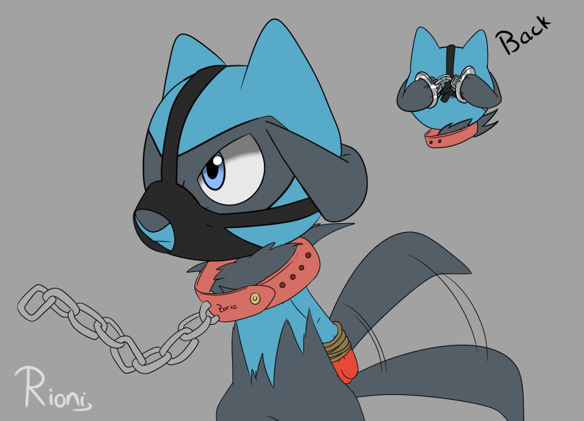 anthro arms_tied bondage bound collar cuff_(restraint) fan_character generation_4_pokemon handcuffed handcuffs hi_res male metal_cuffs muzzle_(object) muzzled nintendo pokemon pokemon_(species) restraints riolu rioni solo submissive tail tail_motion tailwag zorio