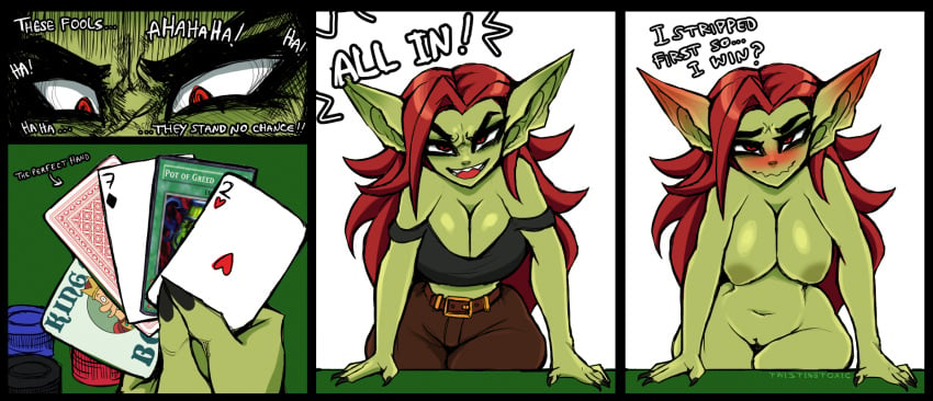 2023 alix_(twistingtoxic) areola breasts card cleavage clothed clothing female genitals goblin goblin_female green_body green_skin hair hi_res humanoid not_furry nude pot_of_greed pussy red_hair twistingtoxic