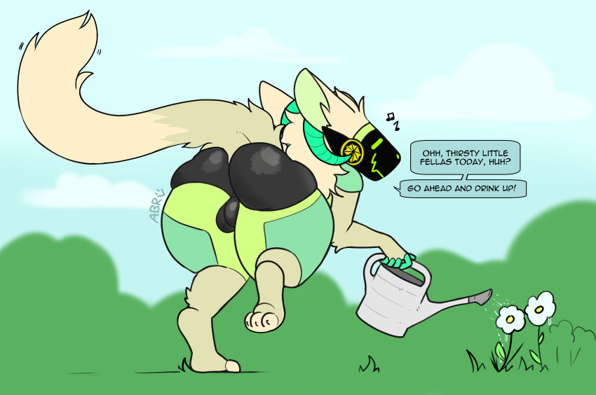 abigrock absurd_res anthro ass big_butt cloud english_text flower glistening glistening_butt grass hi_res machine male oblivious outside plant protogen raised_tail ravi_the_protogen simple_eyes solo speech_bubble tail text water watering_can