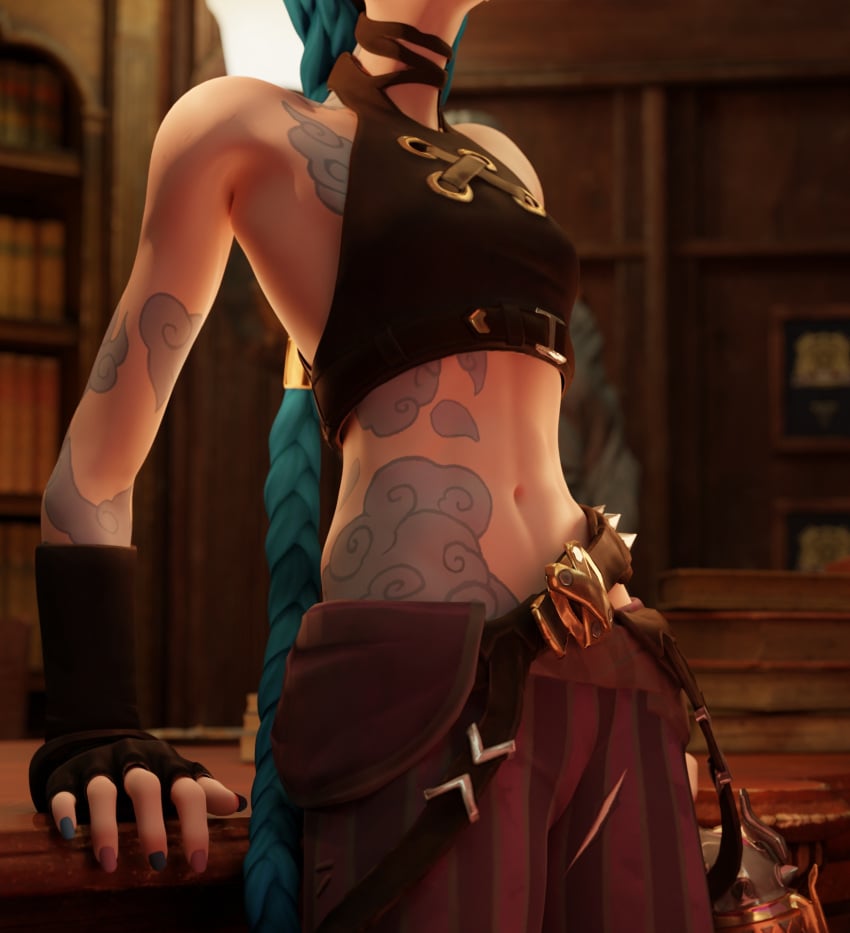 3d arcane belly belly_button belt blue_eyes blue_hair desk gloves jinx_(league_of_legends) league_of_legends leaning_on_object saltyu staring_at_viewer tattoos tired_eyes