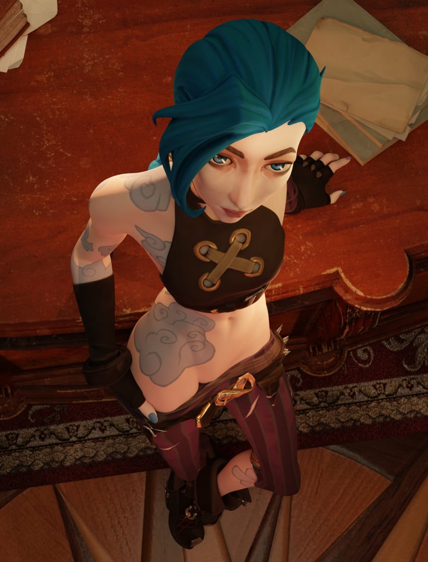 3d arcane belly belly_button belt blue_eyes blue_hair clothes_pull desk gloves hip_grab hips jinx_(league_of_legends) league_of_legends leaning_on_object pants_pull pulling_down_pants saltyu staring_at_viewer tattoos tired_eyes