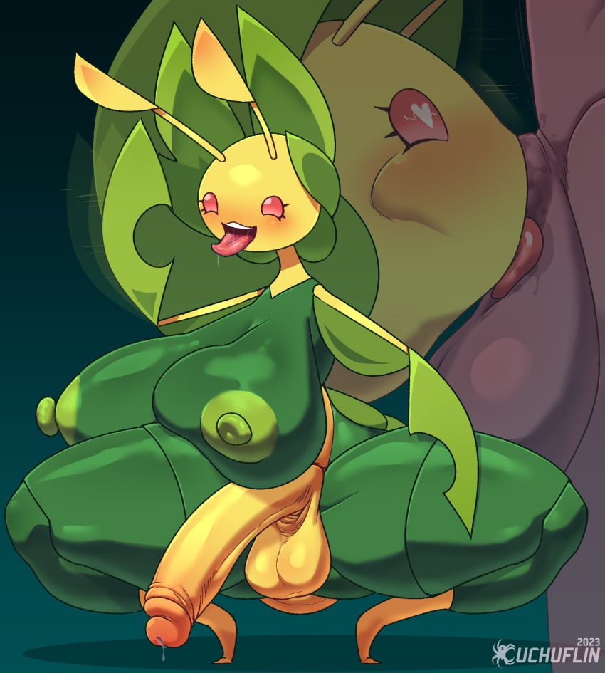 anthro anthro_penetrated areola big_breasts breasts crouching cuchuflin fellatio futanari generation_5_pokemon genitals green_areola green_nipples gynomorph gynomorph/male hi_res huge_breasts human human_on_anthro human_penetrating human_penetrating_anthro intersex intersex/male interspecies leavanny light-skinned_male male male_on_futa mammal nintendo nipples not_furry oral penetration penile penis pokémon_(species) pokemon pokemon_(species) sex spread_legs spreading thick_thighs tongue tongue_out