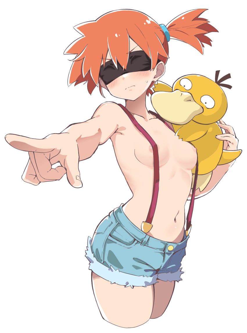 1girls bare_shoulders black_blindfold blindfold blush breasts collarbone creatures_(company) denim denim_shorts female foreshortening game_freak gen_1_pokemon highres human kasumi_(pokemon) midriff navel nintendo nipples pointing pokemon pokemon_(anime) pokemon_(species) psyduck rauto red_hair short_hair short_shorts shorts side_ponytail simple_background small_breasts stomach white_background