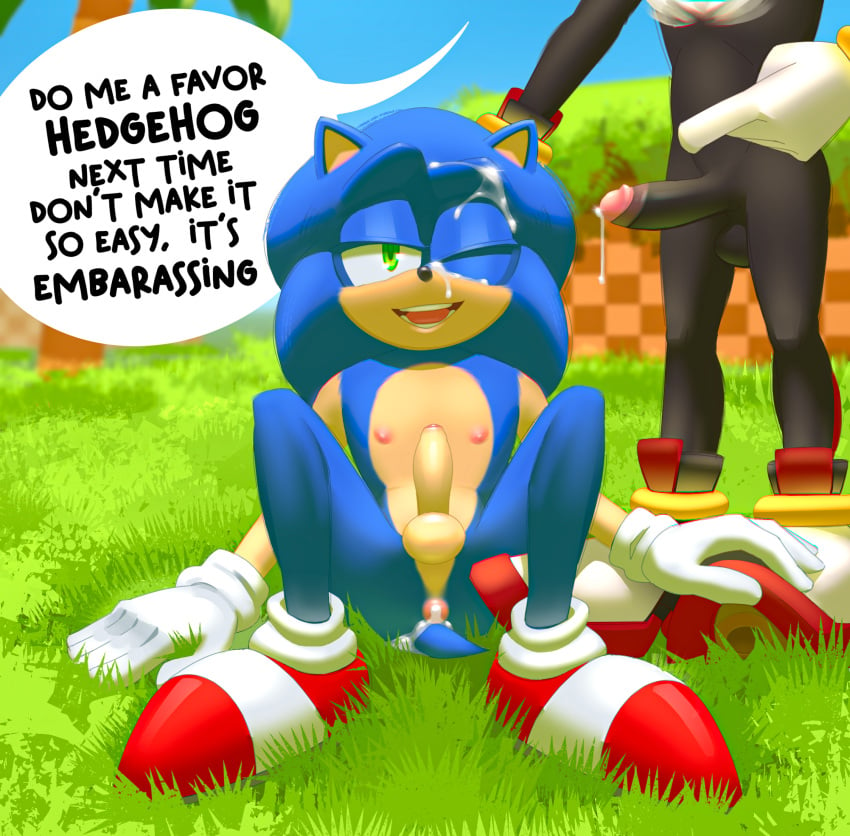 anthro anus balls ballsack black_body blue_body circumcised circumcision_scar clothing cum cum_drip cum_in_ass cum_inside cum_on_face dialogue dripping duo english_text erection eulipotyphlan field footwear foreskin genitals gloves gold_rings grass green_eyes handwear hedgehog hi_res humanoid_penis ickyfig intact male male/male male_nipples mammal naked_footwear nude_male outside_sex palm_tree partial_male partially_retracted_foreskin penis perineum plant puffy_anus red_clothing red_footwear red_shoes ring scrotum sega shadow_the_hedgehog shoes smooth_penis sonic_(series) sonic_the_hedgehog sonic_the_hedgehog_(series) speech_bubble testicles text toony tree uncut white_clothing white_gloves white_handwear