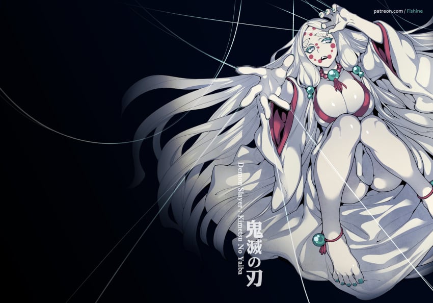 anklet barefoot big_breasts cleavage demon_slayer feet fishine kimetsu_no_yaiba long_hair mother_spider_demon painted_nails painted_toenails pale_skin tagme toes white_hair white_skin