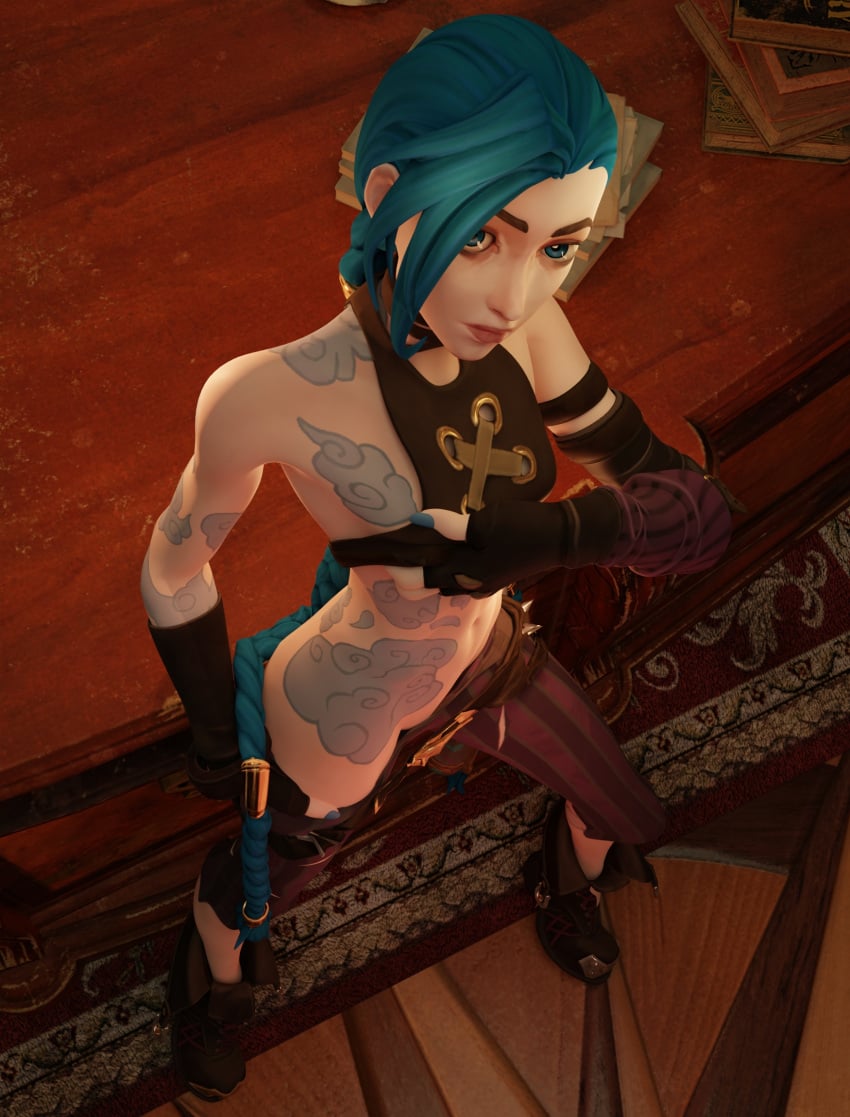 3d arcane belly belly_button belt blue_eyes blue_hair blue_tattoo clothes_pull desk gloves hip_grab hips jinx_(league_of_legends) league_of_legends leaning_on_object pants_pull pulling_down_pants saltyu staring_at_viewer tattoos tired_eyes