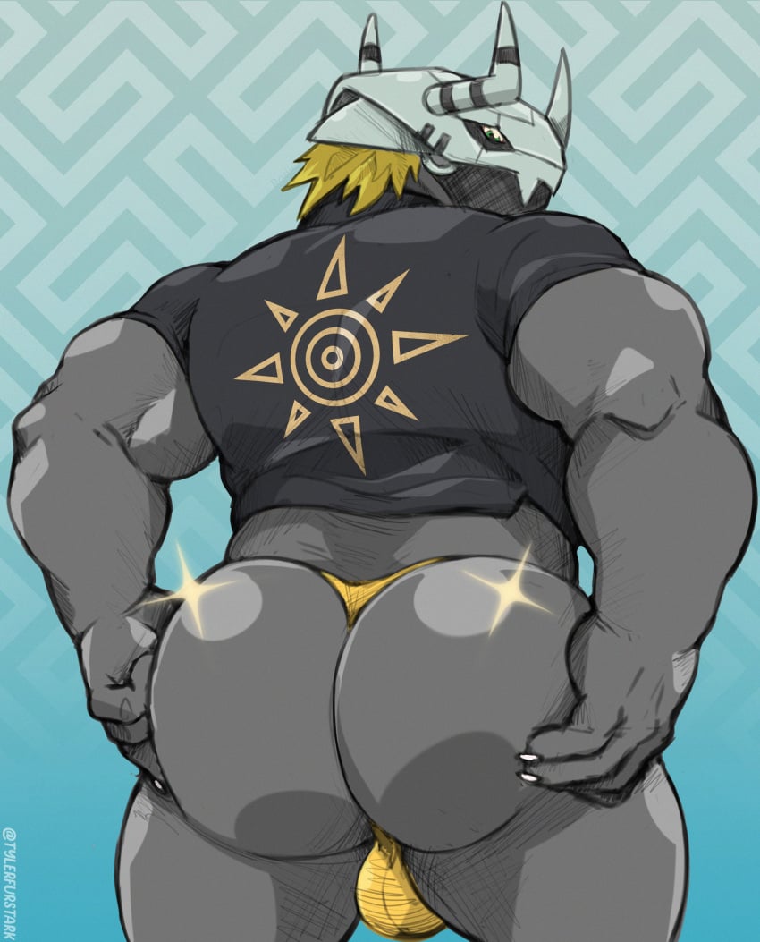 absurd_res animal_humanoid anthro armor ass bandai_namco bara bara_ass biceps big_ass big_ass_(male) big_butt blackwargreymon blonde_hair bubble_ass bubble_butt bulge clothing dat_ass dat_butt digimon digimon_(species) dumptruck_ass dumptruck_butt fat_ass fat_butt hair headgear helmet hi_res holding_butt huge_ass huge_butt humanoid large_ass large_butt looking_back male male_only massive_ass massive_butt muscle_ass muscle_butt muscular muscular_anthro muscular_ass muscular_butt muscular_male plump_ass plump_butt round_ass round_butt scalie shirt solo t-shirt thong topwear tylerstark underwear