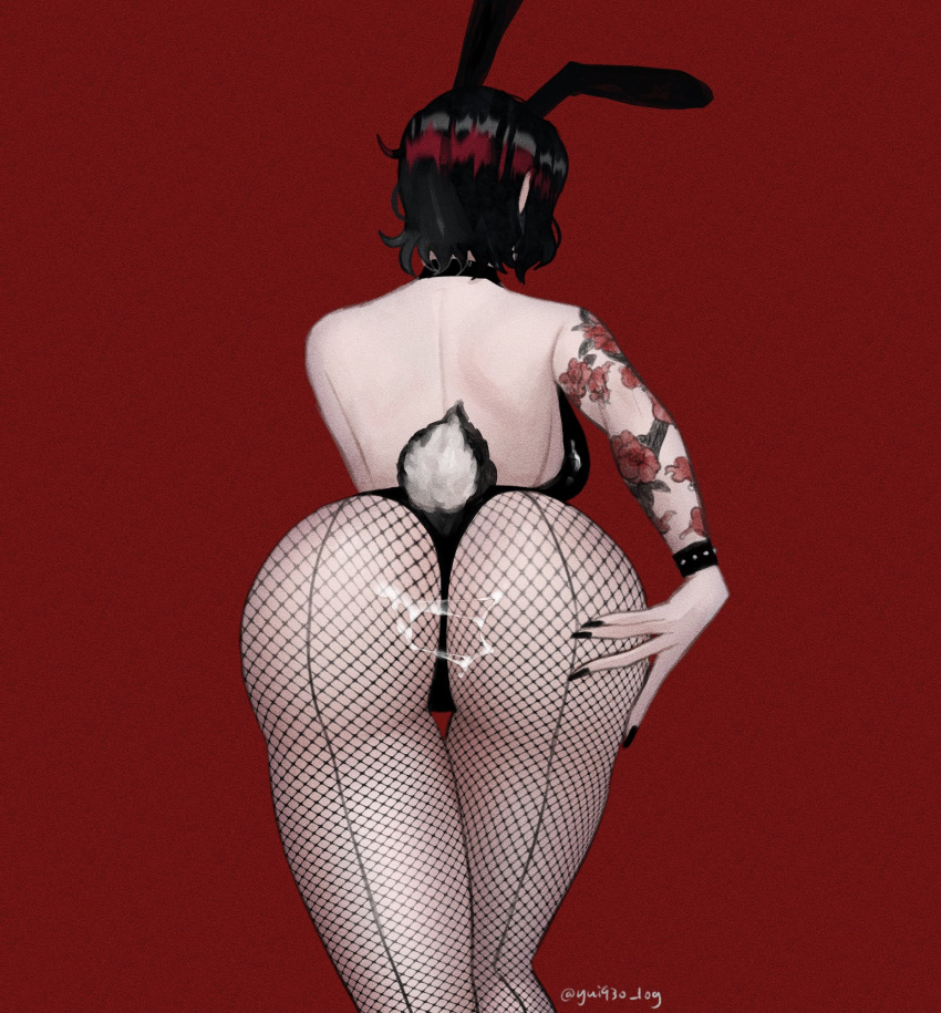 animal_ears arm_tattoo ass ass_focus backboob backless_leotard bent_over black_choker black_hair black_leotard black_nails breasts choker commentary cum cum_on_ass fake_animal_ears fake_tail female fishnet_pantyhose fishnets flower_tattoo from_behind genderswap_(mtf) hand_on_own_ass highres large_breasts leotard multicolored_hair nijisanji nijisanji_en pantyhose playboy_bunny rabbit_ears rabbit_tail red_background red_hair rule_63 short_hair shoulder_blades solo streaked_hair tail tattoo thong_leotard twitter_username two-tone_hair virtual_youtuber vox_akuma voxanne wristband yui930