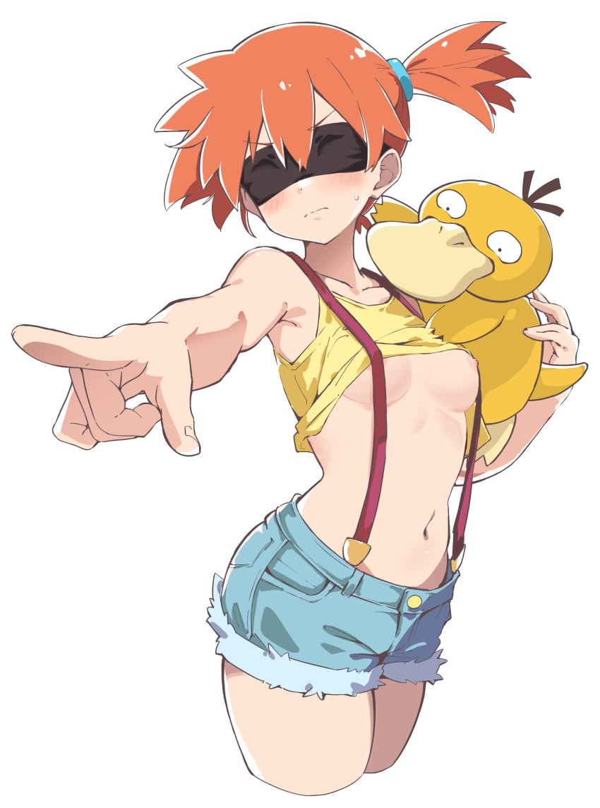 1girls bare_shoulders black_blindfold blindfold blush breasts collarbone creatures_(company) denim denim_shorts female foreshortening game_freak gen_1_pokemon highres human kasumi_(pokemon) midriff navel nintendo nipples pointing pokemon pokemon_(anime) pokemon_(species) psyduck rauto red_hair short_hair short_shorts shorts side_ponytail simple_background small_breasts stomach suspender_shorts suspenders tank_top white_background