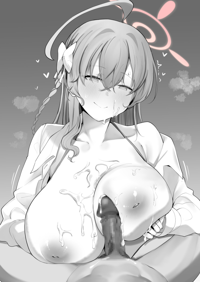 1boy ahoge bikini blue_archive blush bow braid breast_hold breasts censored collarbone cum cum_on_body cum_on_breasts erection female greyscale hairbow halo hanako_(blue_archive) hanako_(swimsuit)_(blue_archive) highres inverted_nipples large_breasts long_hair long_sleeves looking_at_viewer make-up_work_club_(blue_archive) monochrome nipples off_shoulder official_alternate_costume open_clothes open_shirt paizuri penis side_braid straight sweat swimsuit textless_version trinity_general_school_student wakamochi-ta