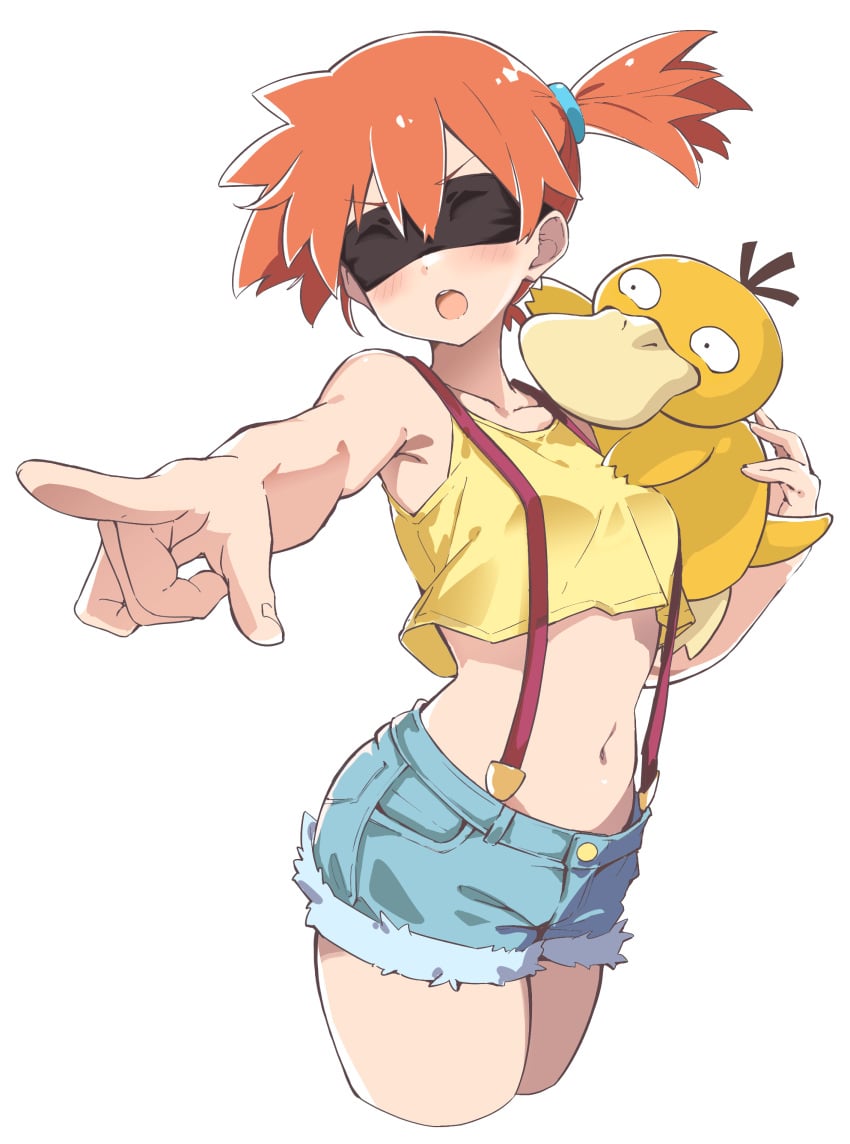 1girls bare_shoulders black_blindfold blindfold blush breasts collarbone creatures_(company) denim denim_shorts female foreshortening game_freak gen_1_pokemon highres human kasumi_(pokemon) midriff navel nintendo pointing pokemon pokemon_(anime) pokemon_(species) psyduck rauto red_hair short_hair short_shorts shorts side_ponytail simple_background small_breasts stomach suspender_shorts suspenders tank_top white_background