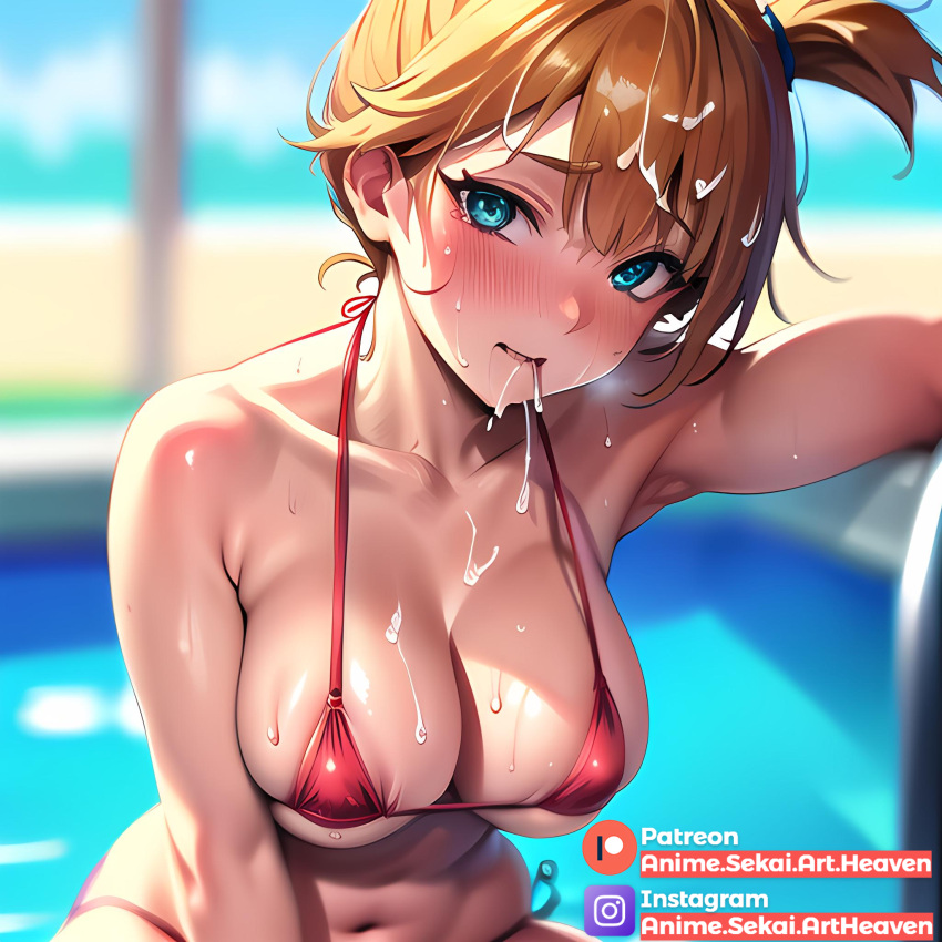 abs ai_generated alternative_bust_size animesekaiartheaven asymmetrical_hair bare_shoulders bikini blue_eyes blush bra breasts clothing cum_in_hair cum_on_body cumshot female female_only game_freak gym_leader hair_tie huge_breasts kasumi_(pokemon) large_breasts looking_at_viewer misty misty_(pokemon) muscle navel nintendo orange_hair pokemon pokemon_(anime) pokemon_(classic_anime) pokemon_(game) pokemon_rgby ponytail pool shiny shiny_skin short_hair side_ponytail solo swimsuit tied_hair underwear water wet