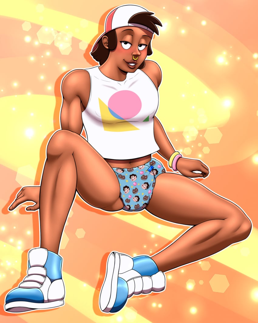 2023 abdl absurd_res black_hair bracelets cartoon_network collar commission crop_top dark_skin diaper digital_media_(artwork) gay honeycums shep_(steven_universe) simple_background sneakers solo solo_focus steven_universe