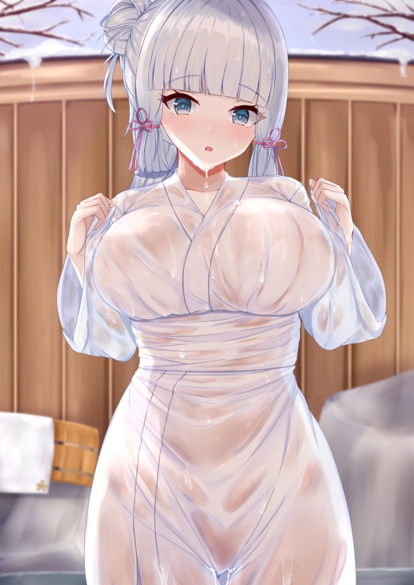 1girls blue_eyes blue_hair blush eyebrows_visible_through_hair eyelashes genshin_impact hair_ornament kamisato_ayaka looking_at_viewer mizuki_haruka mole mole_under_eye open_mouth ribbon sauna tongue water wet