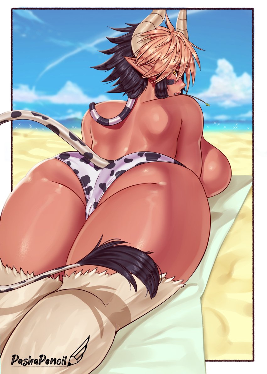 1girls 2023 animal_legs artist_name artist_signature ass ass_focus back back_view beach beach_towel big_ass big_breasts bikini bikini_bottom black_hair blonde_hair blush border bovine bovine_humanoid breasts cameltoe cathyl_(monster_musume) cow_girl cow_print cow_print_bikini cow_tail curvaceous curvy curvy_female curvy_figure face_markings female female_focus female_minotaur female_only hi_res horns huge_ass huge_breasts laying_down laying_on_stomach looking_at_viewer looking_back looking_back_at_viewer minotaur minotaur_female minotaur_girl monster_girl monster_musume_no_iru_nichijou mostly_nude multicolored_hair object_in_mouth ocean outdoors outside pashapencil pinup pointy_ears ponytail prone shiny_skin short_hair sky solo solo_female solo_focus tan-skinned_female tan_body tan_fur tan_skin thick_thighs thigh_gap thighs thighs_together toned toned_female topless topless_female voluptuous voluptuous_female yellow_eyes