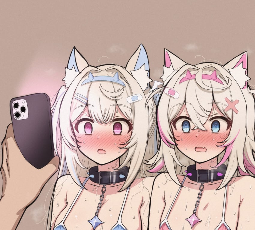 2girls @_@ animal_ears blonde_hair blush collar dog_ears dog_girl female fuwamoco fuwawa_abyssgard hololive hololive_english hololive_english_-advent- hypnosis hypnosis_app kemonomimi mamerakkkkko mind_control mind_control_app mococo_abyssgard multiple_girls phone sisters sweat sweatdrop sweating sweaty swirly_eyes twins virtual_youtuber vtuber