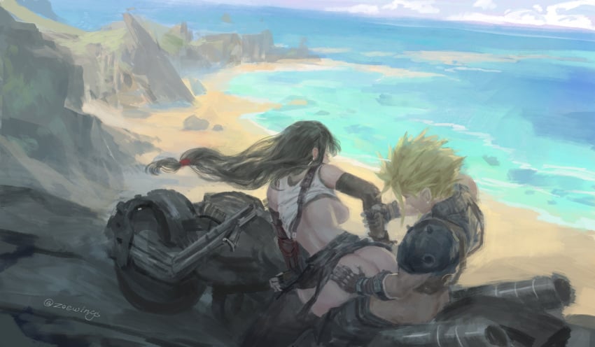 1boy absurdres arm_grab artist_name ass back backboob bare_shoulders beach bent_over black_gloves black_hair blonde_hair breasts clothed_sex clothes_lift cloud_strife commentary couple elbow_gloves english_commentary female final_fantasy final_fantasy_vii final_fantasy_vii_remake fingerless_gloves floating_hair gloves hand_on_another's_ass highres large_breasts long_hair low-tied_long_hair motor_vehicle motorcycle ocean outdoors scenery sex shirt_lift spiked_hair straight suspenders tifa_lockhart twitter_username zoewingsz